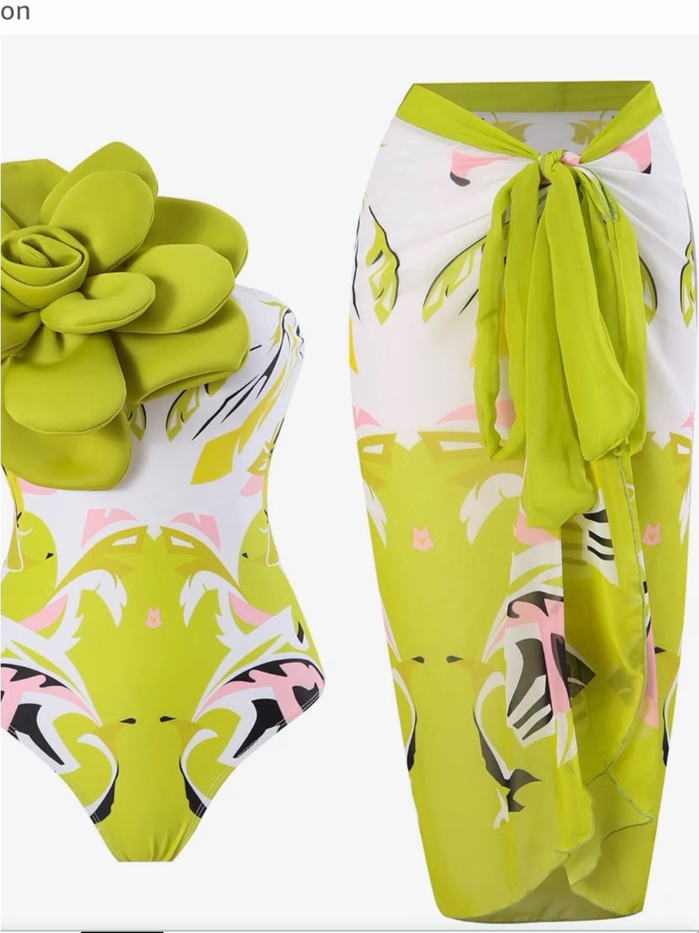 Women Lime Floral One-Piece Swimsuit with Matching Sarong